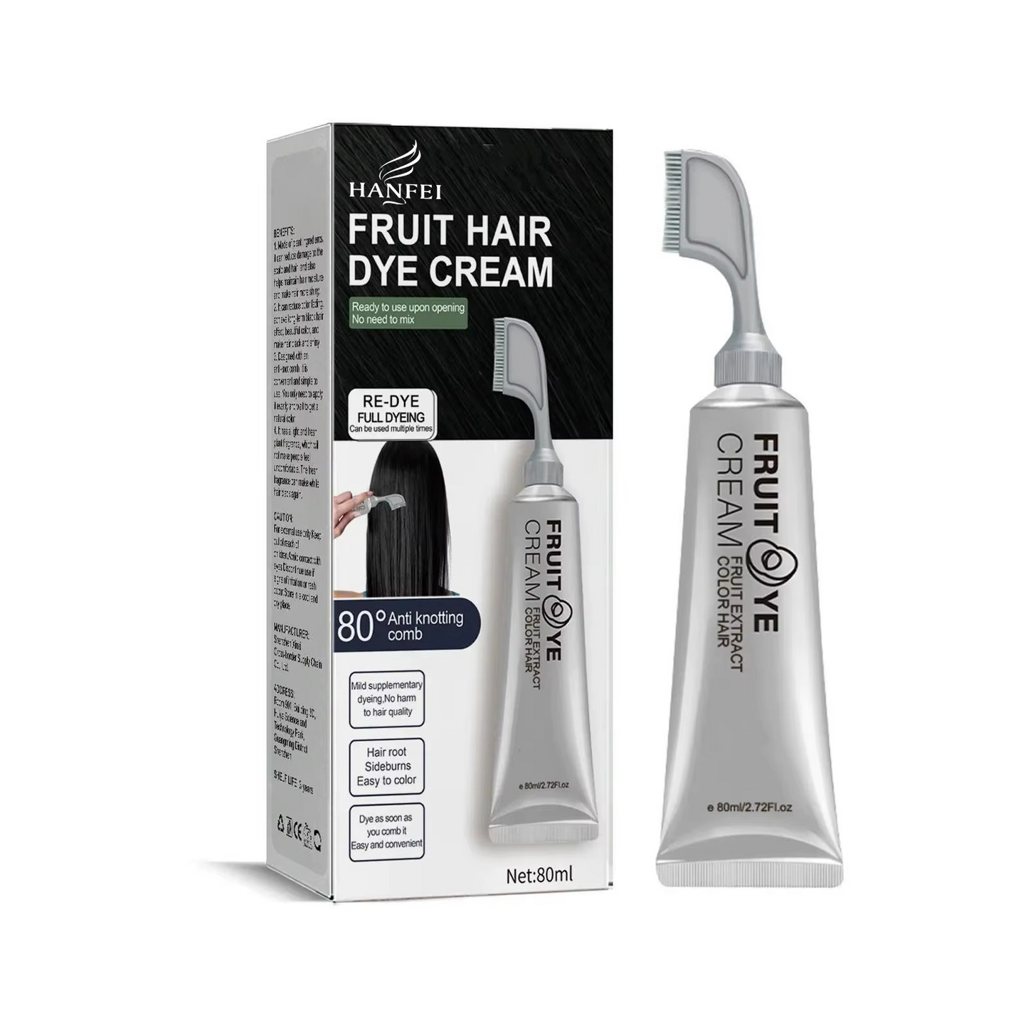 Kit de crème de teinture pour cheveux à base d’extraits naturels + peigne anti-nouage doux – couleurs de fruits noirs & bruns.